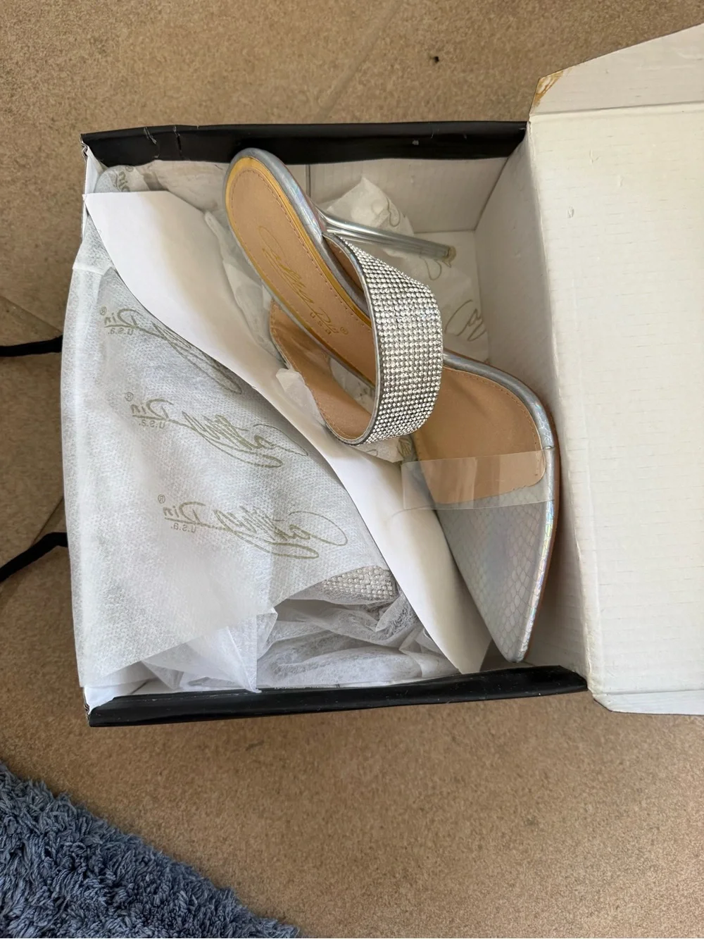Crystal-Embellished Holographic Pointed Toe Mule - Women